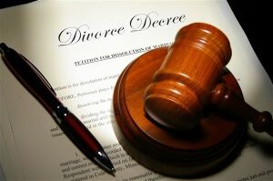 Gavel, pen, and divorce decree 